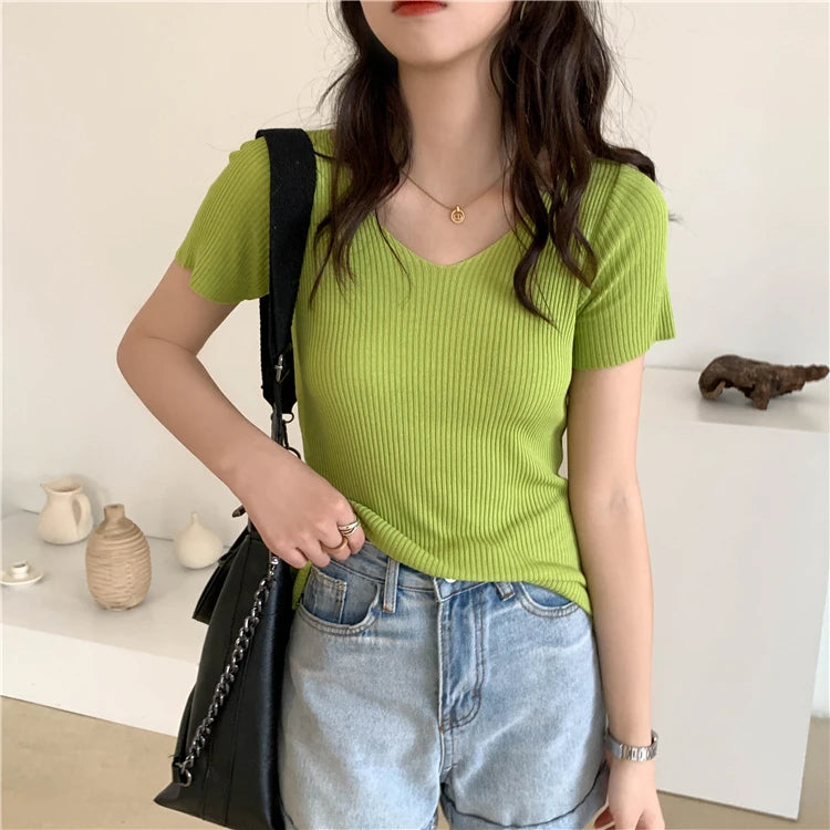 Slim Ribbed V-Neck Short-Sleeve Knit Top