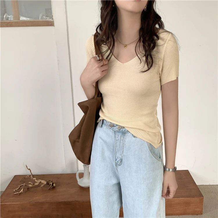 Slim Ribbed V-Neck Short-Sleeve Knit Top