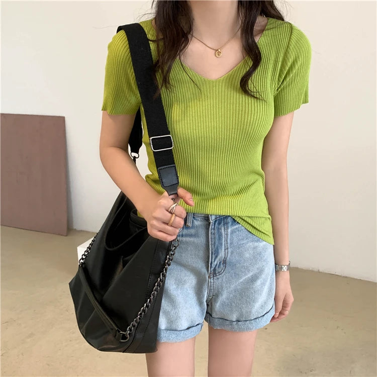 Slim Ribbed V-Neck Short-Sleeve Knit Top