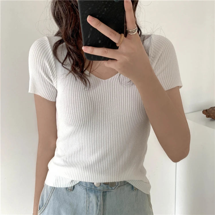 Slim Ribbed V-Neck Short-Sleeve Knit Top