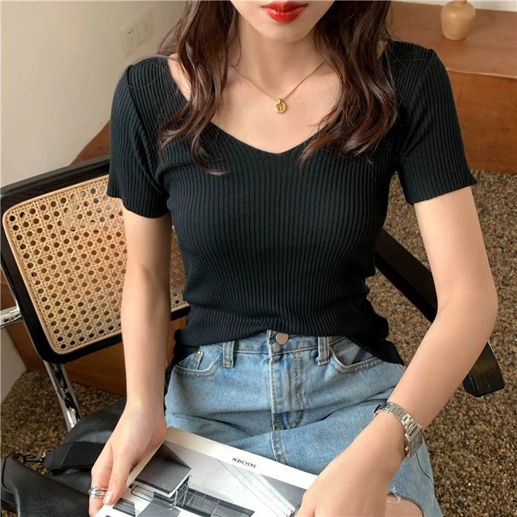 Slim Ribbed V-Neck Short-Sleeve Knit Top