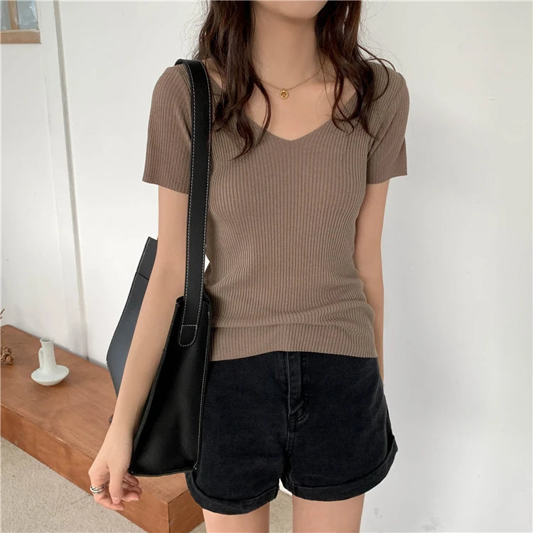 Slim Ribbed V-Neck Short-Sleeve Knit Top