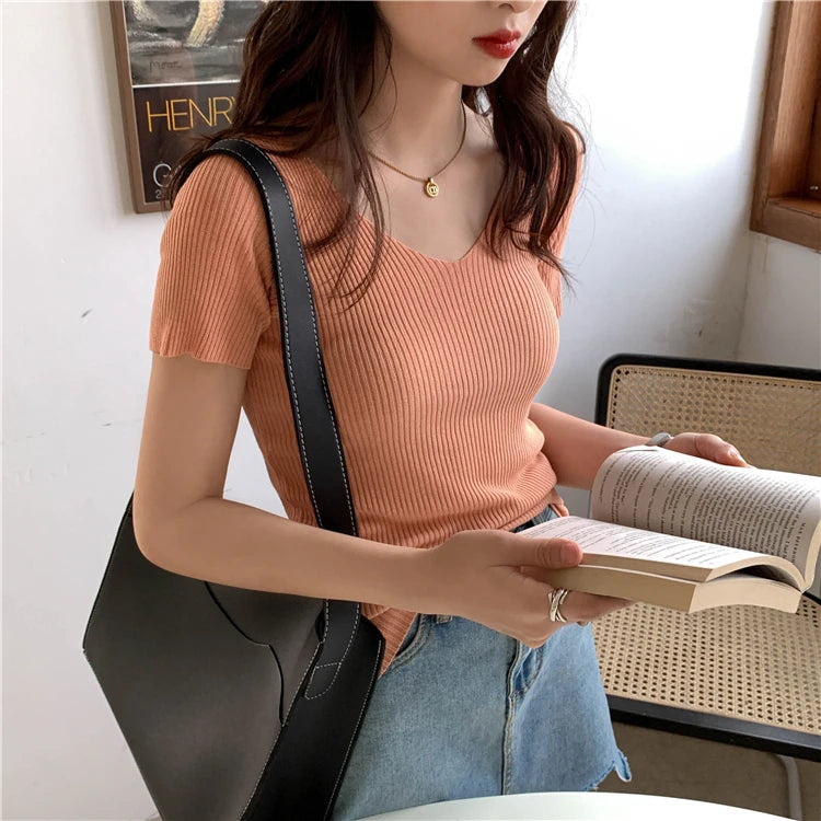 Slim Ribbed V-Neck Short-Sleeve Knit Top