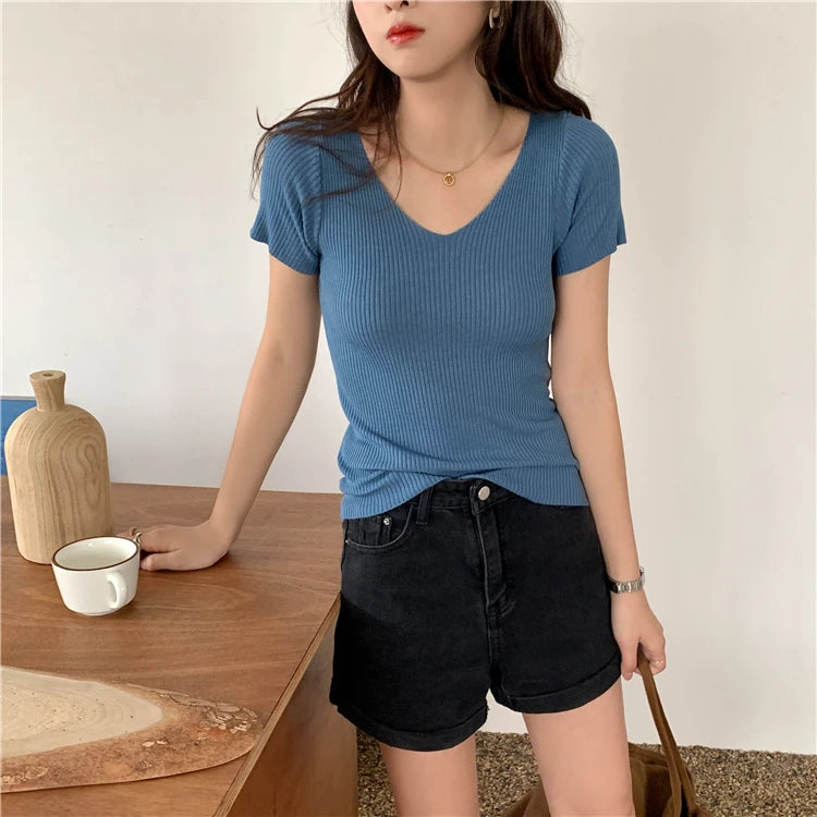 Slim Ribbed V-Neck Short-Sleeve Knit Top