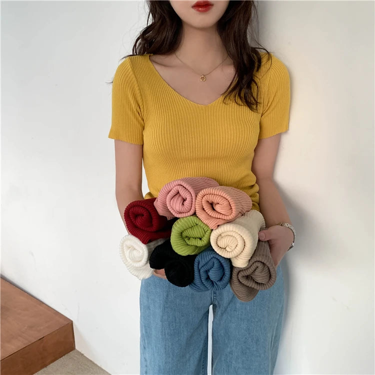 Slim Ribbed V-Neck Short-Sleeve Knit Top