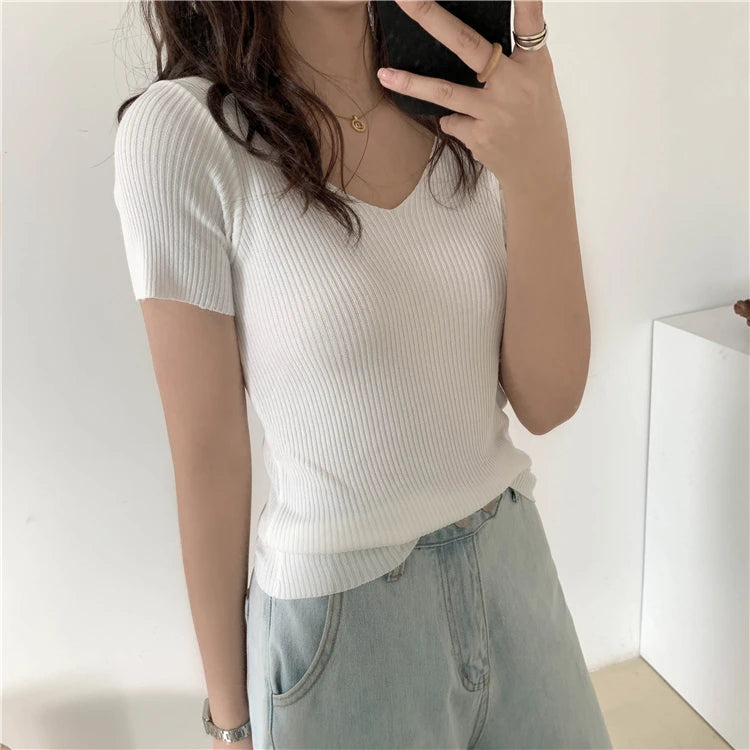 Slim Ribbed V-Neck Short-Sleeve Knit Top
