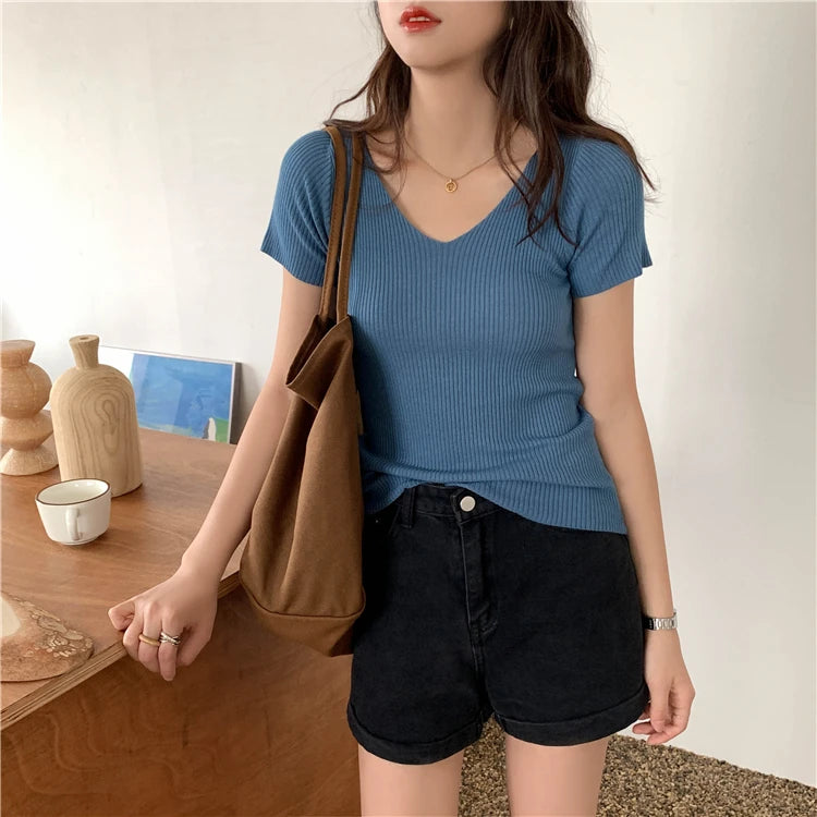 Slim Ribbed V-Neck Short-Sleeve Knit Top