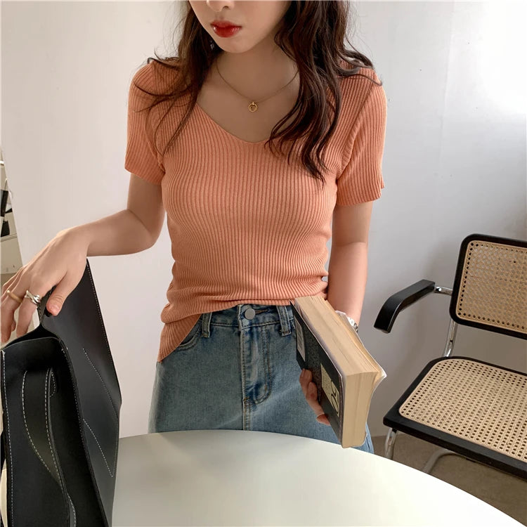 Slim Ribbed V-Neck Short-Sleeve Knit Top