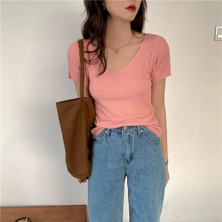 Slim Ribbed V-Neck Short-Sleeve Knit Top