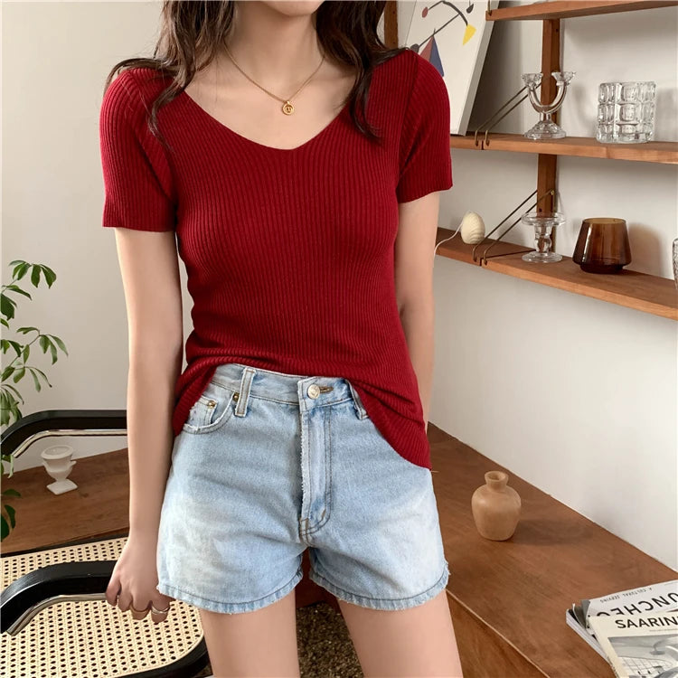 Slim Ribbed V-Neck Short-Sleeve Knit Top