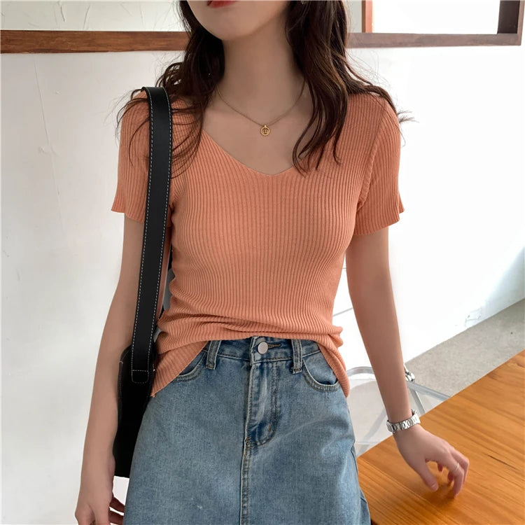 Slim Ribbed V-Neck Short-Sleeve Knit Top