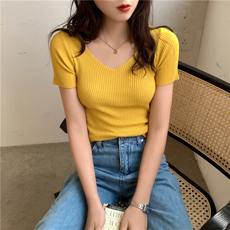 Slim Ribbed V-Neck Short-Sleeve Knit Top