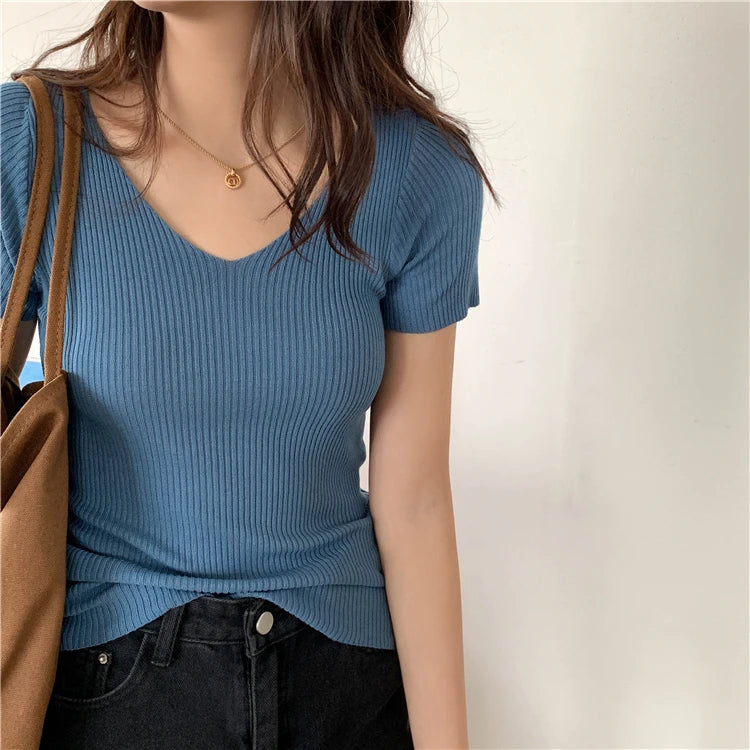 Slim Ribbed V-Neck Short-Sleeve Knit Top