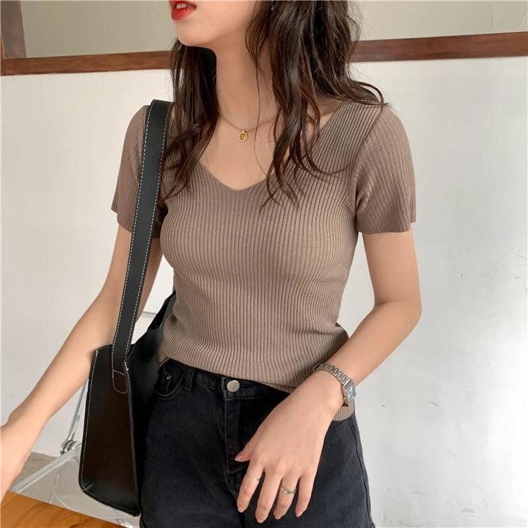 Slim Ribbed V-Neck Short-Sleeve Knit Top