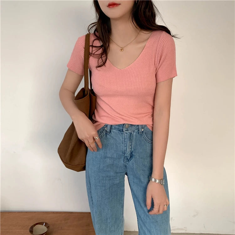Slim Ribbed V-Neck Short-Sleeve Knit Top