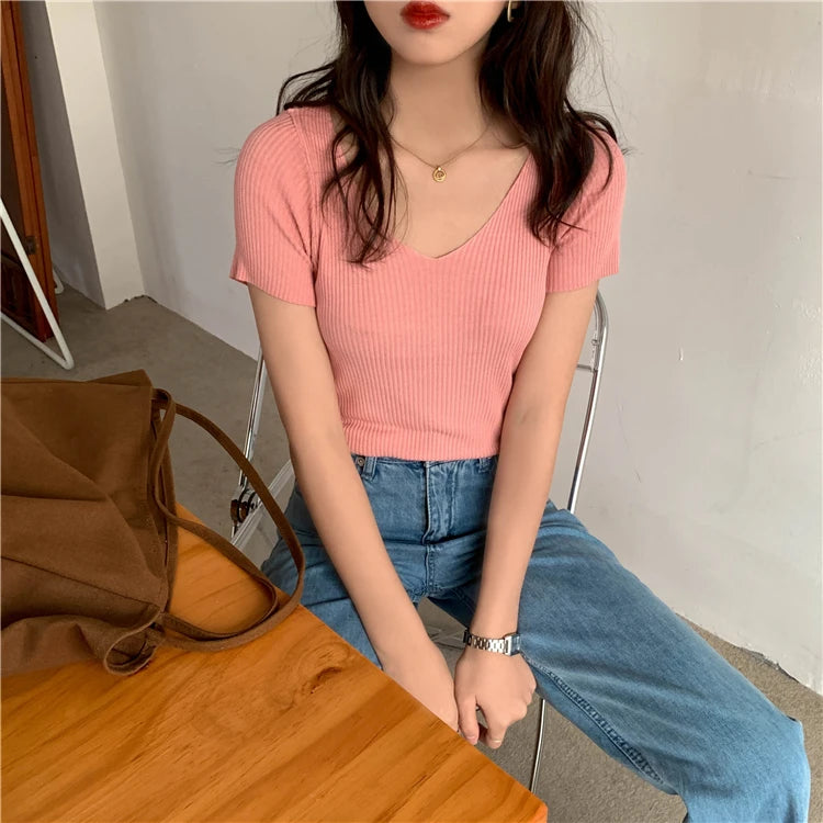 Slim Ribbed V-Neck Short-Sleeve Knit Top