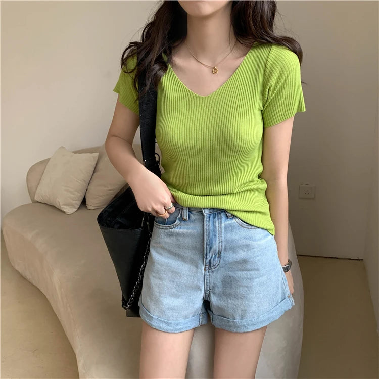 Slim Ribbed V-Neck Short-Sleeve Knit Top
