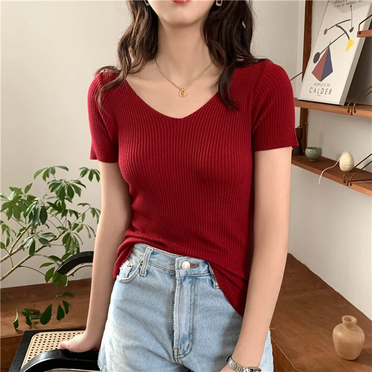 Slim Ribbed V-Neck Short-Sleeve Knit Top