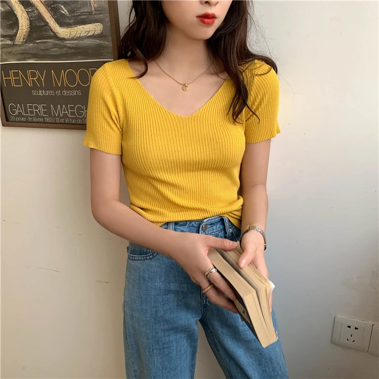 Slim Ribbed V-Neck Short-Sleeve Knit Top