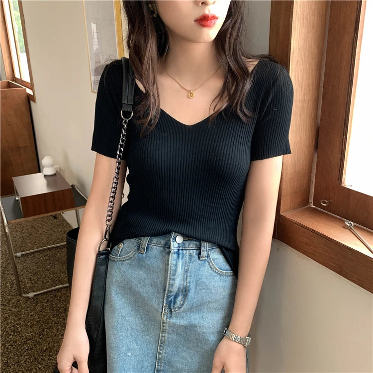 Slim Ribbed V-Neck Short-Sleeve Knit Top
