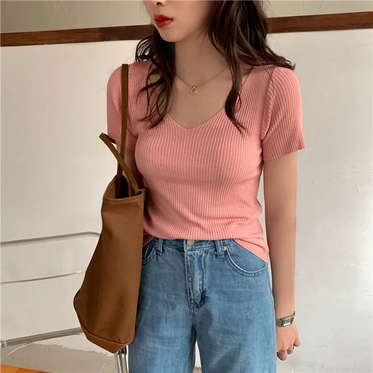 Slim Ribbed V-Neck Short-Sleeve Knit Top
