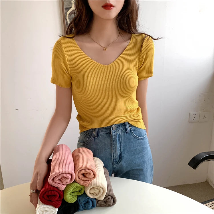 Slim Ribbed V-Neck Short-Sleeve Knit Top