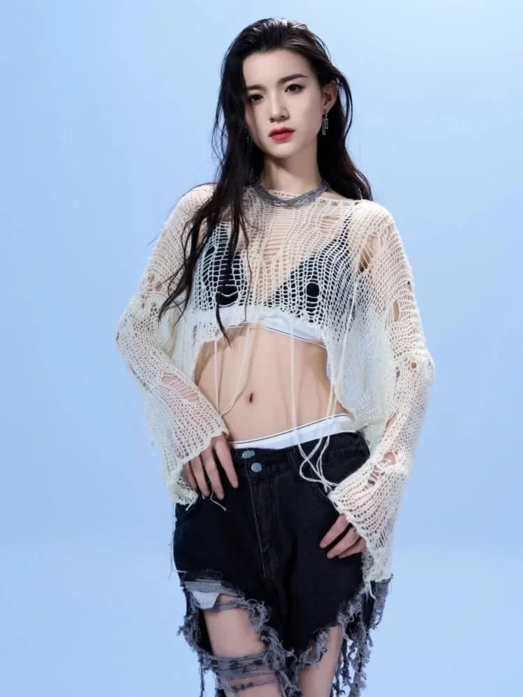 Y2K Hollow-Out Crop Sweater