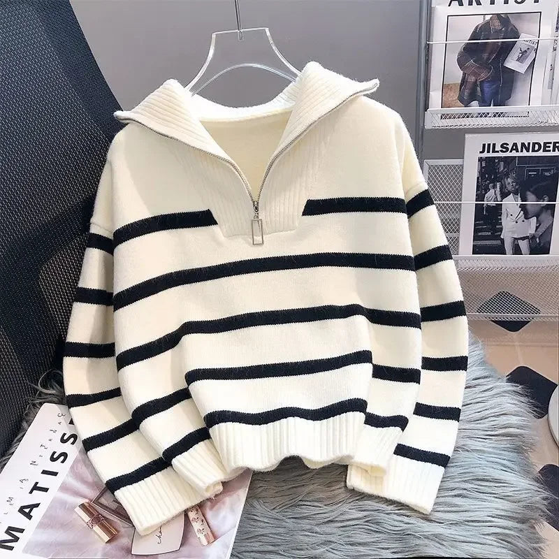 Striped Zip-Collar Knit Pullover