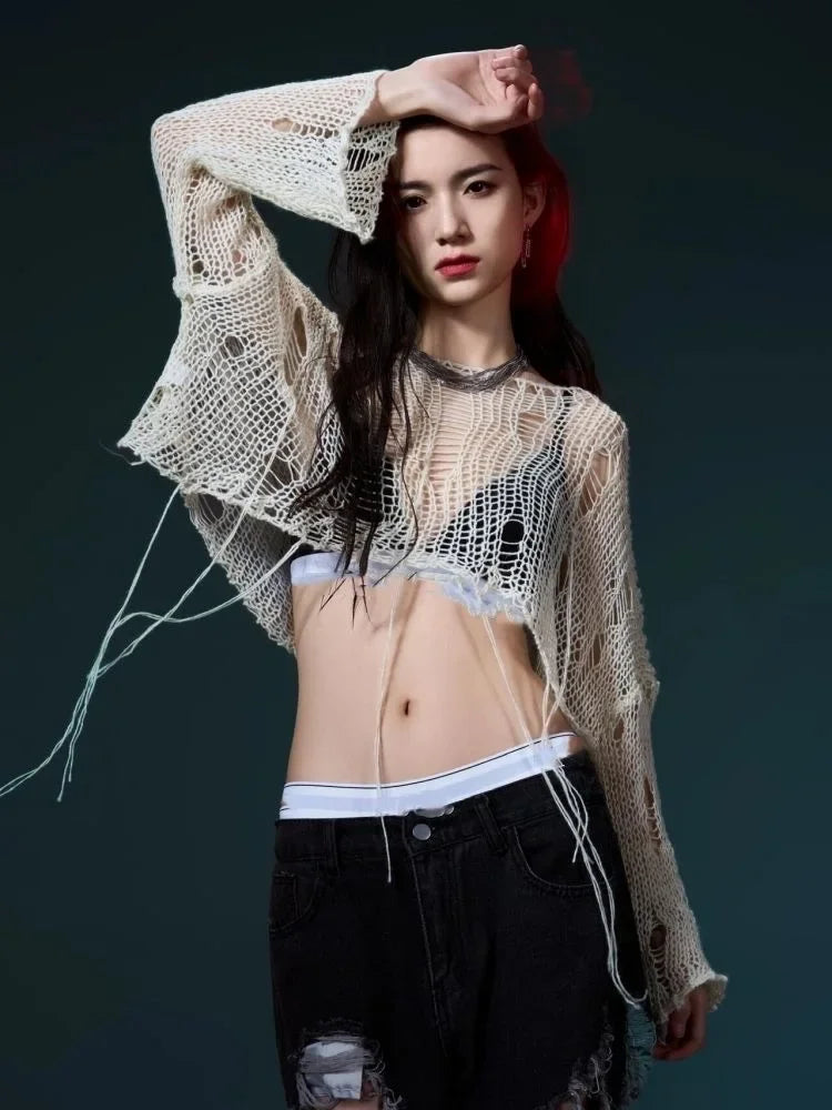 Y2K Hollow-Out Crop Sweater