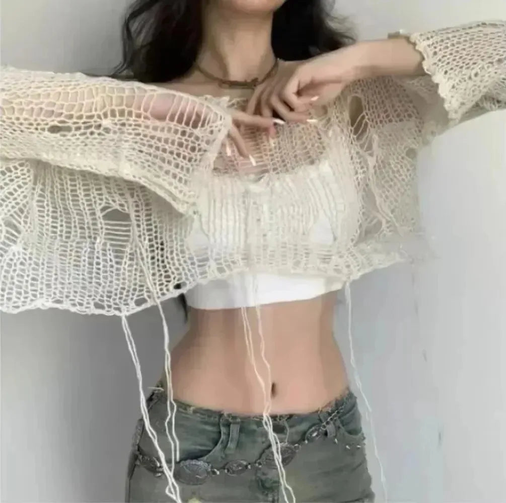 Y2K Hollow-Out Crop Sweater