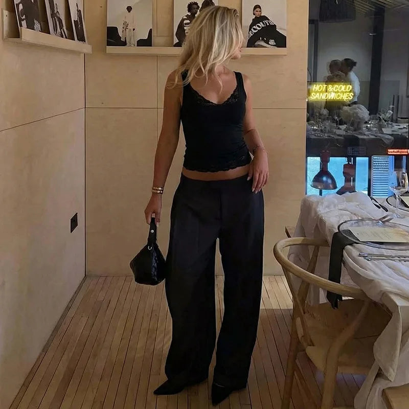 Black Lace Tank Top For Women V-Neck Backless Streetwear Spaghetti Patchwork Cropped Y2k Top Female Sexy Lace Vest 2026