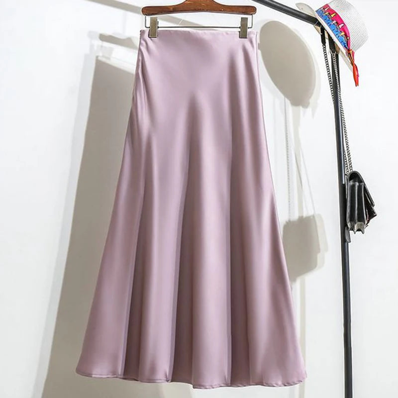 Summer Girls Solid Color Acetate Satin Skirts Lady Korean Slim Fit Thin Dress Female Classic High Waist Mid-Long Skirts