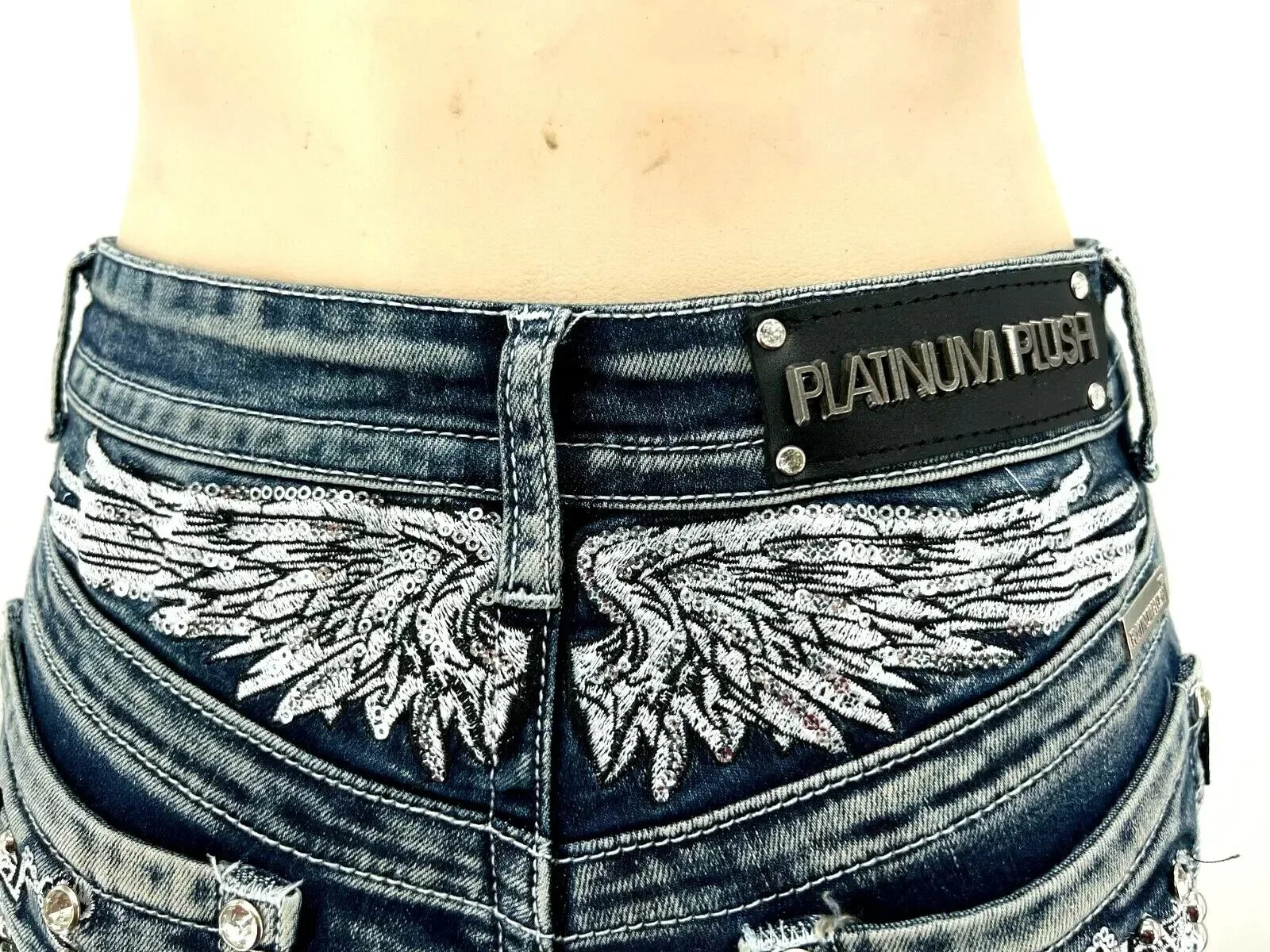 Moto Wing Rivet Embroidered Denim Shorts