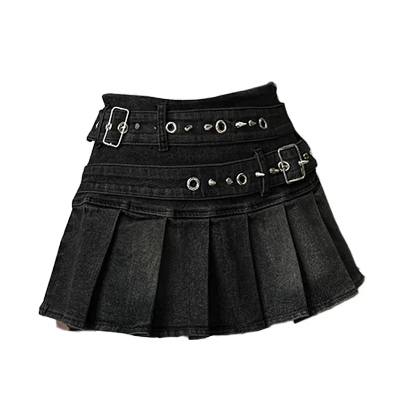 Y2K Riveted Belt A-Line Denim Mini Skirt