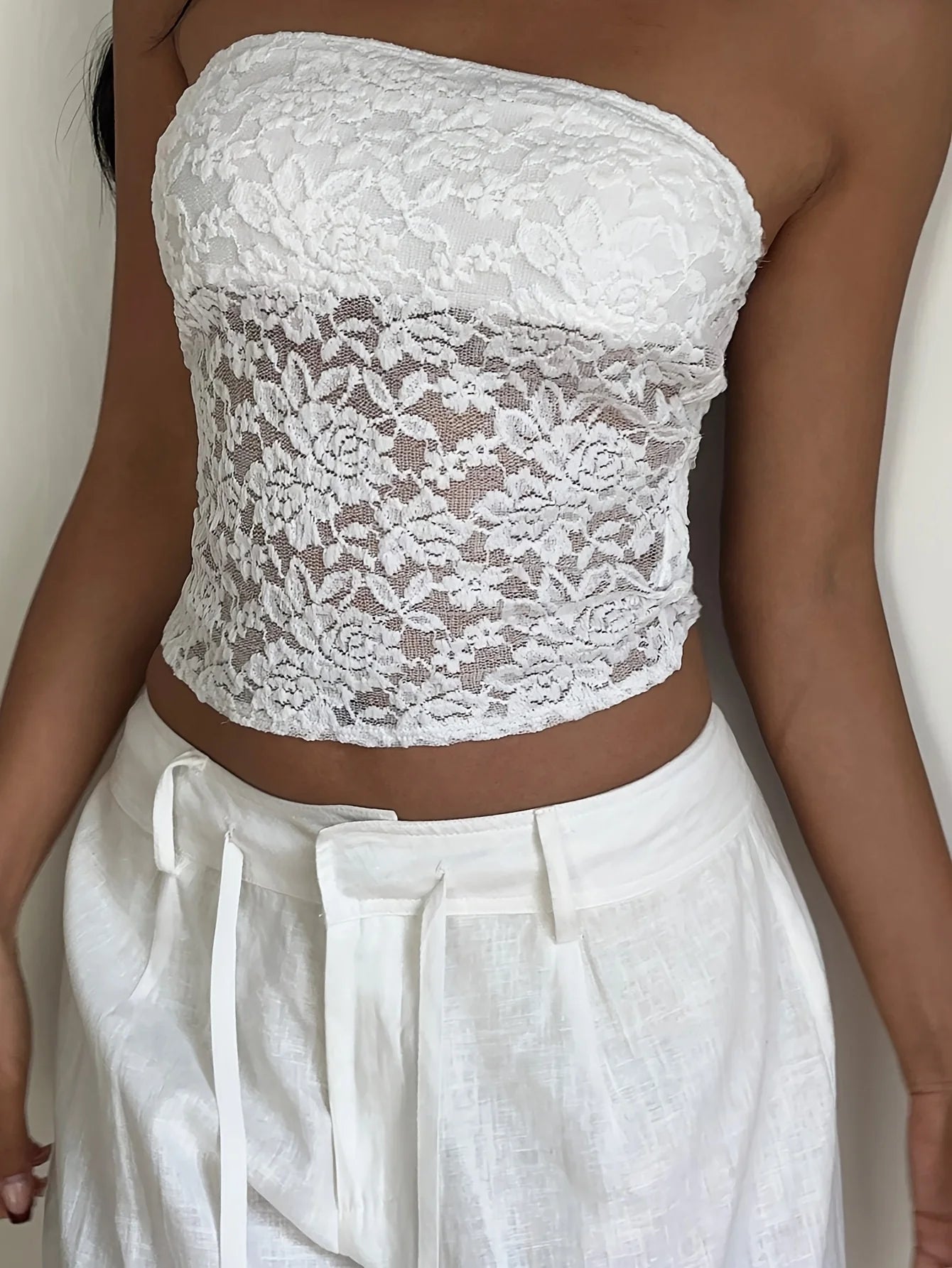 Sheer Floral Lace Corset Tube Top