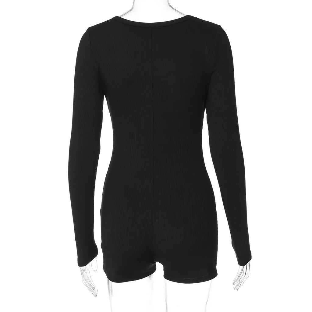 Hugcitar Spring Ribbed Solid Square Collar Long Sleeve Buttons Sexy Bodycon Skinny Playsuit Women Casual Romper Streetwear Sport