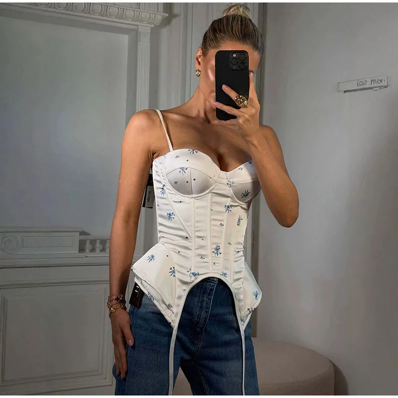 Floral Print Corset Cami Top Sweetheart Neckline Irregular Hem 2026 Summer Casual Women Bustier Fashion Versatile Lady Outwear