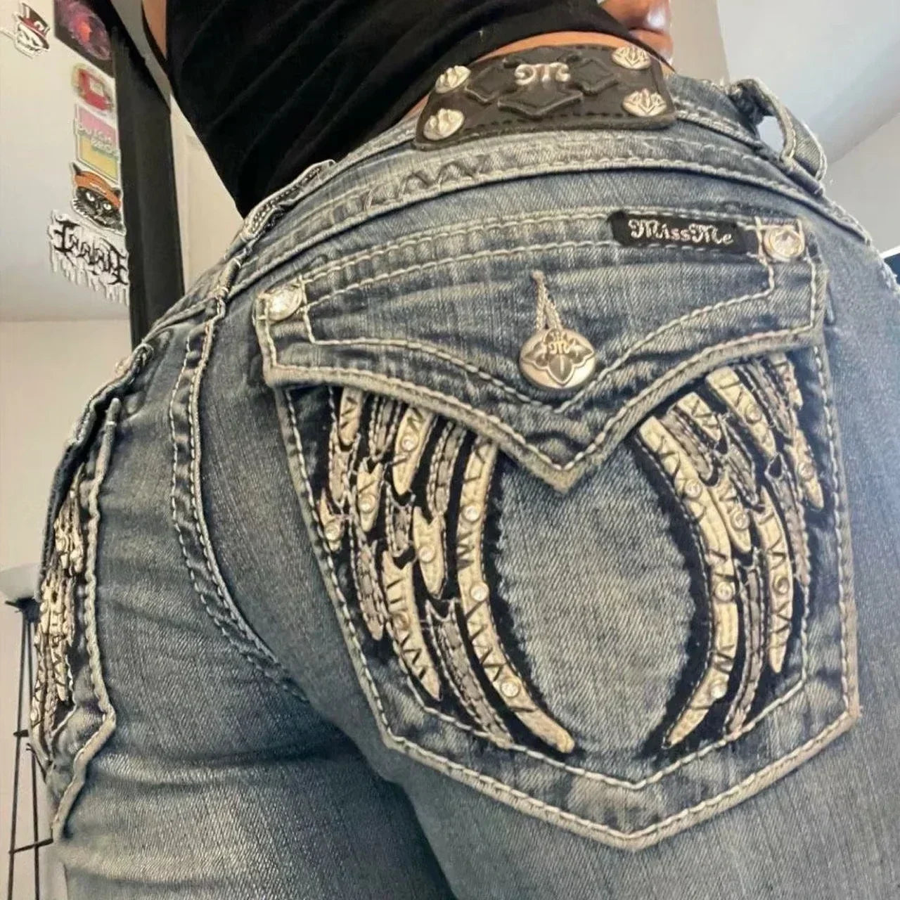 Rhinestone Wing Embroidered Flare Jeans