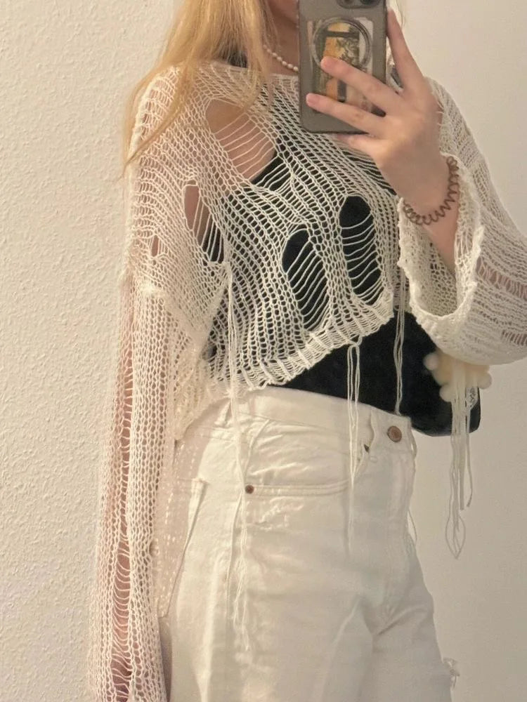 Y2K Hollow-Out Crop Sweater