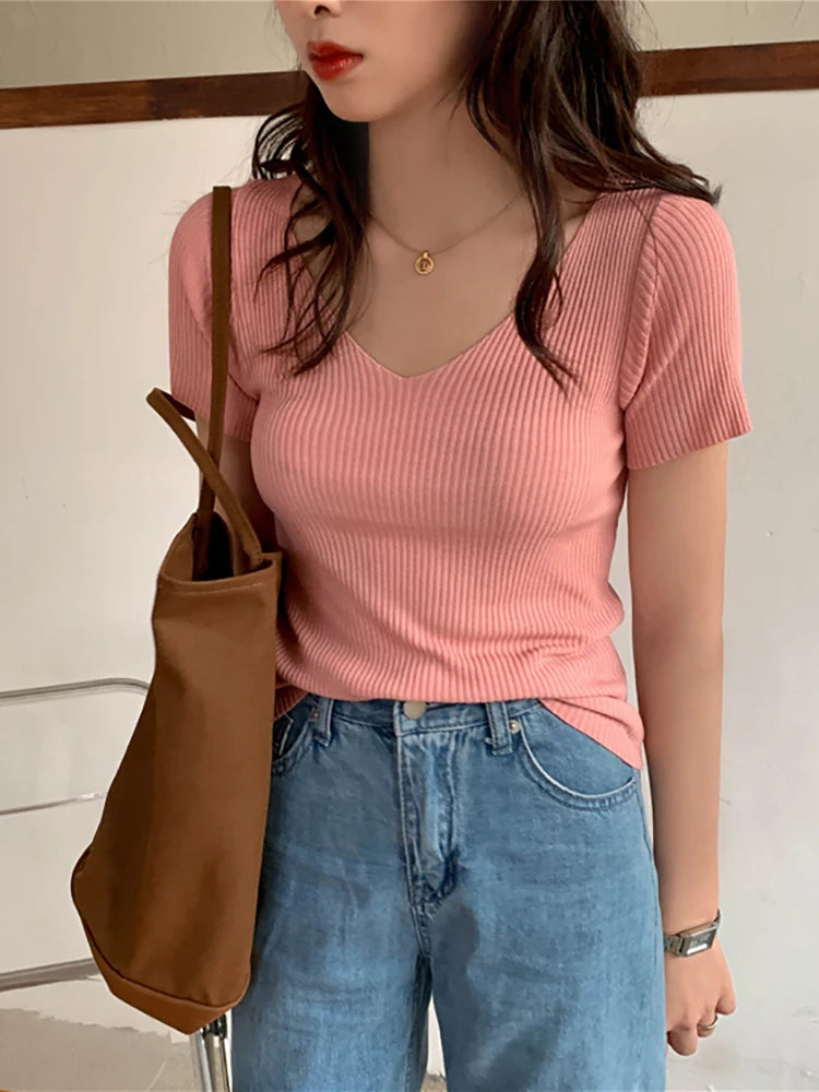 Slim Ribbed V-Neck Short-Sleeve Knit Top