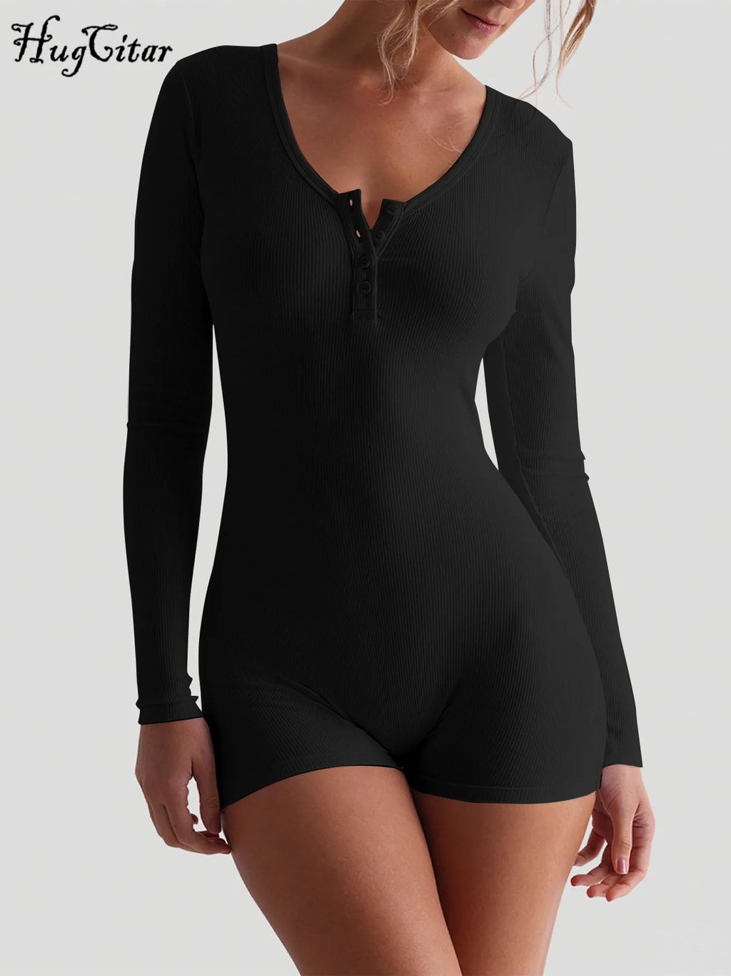 Hugcitar Spring Ribbed Solid Square Collar Long Sleeve Buttons Sexy Bodycon Skinny Playsuit Women Casual Romper Streetwear Sport