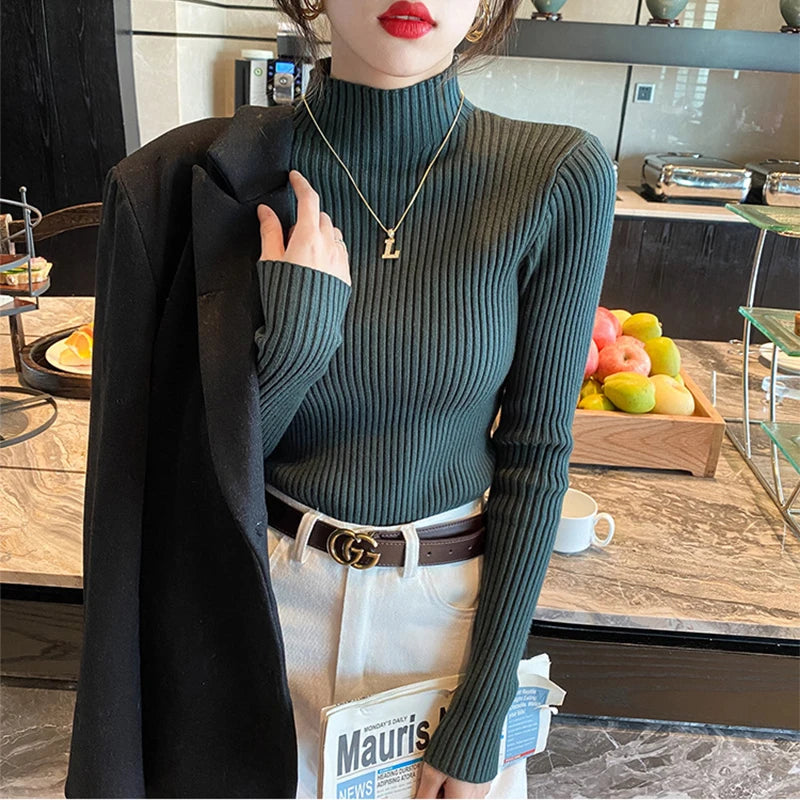 Slim Turtleneck Long-Sleeve Knit Top