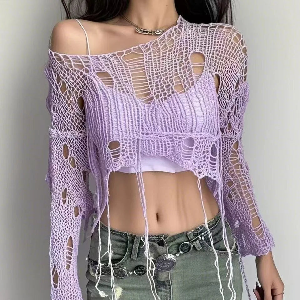 Y2K Hollow-Out Crop Sweater