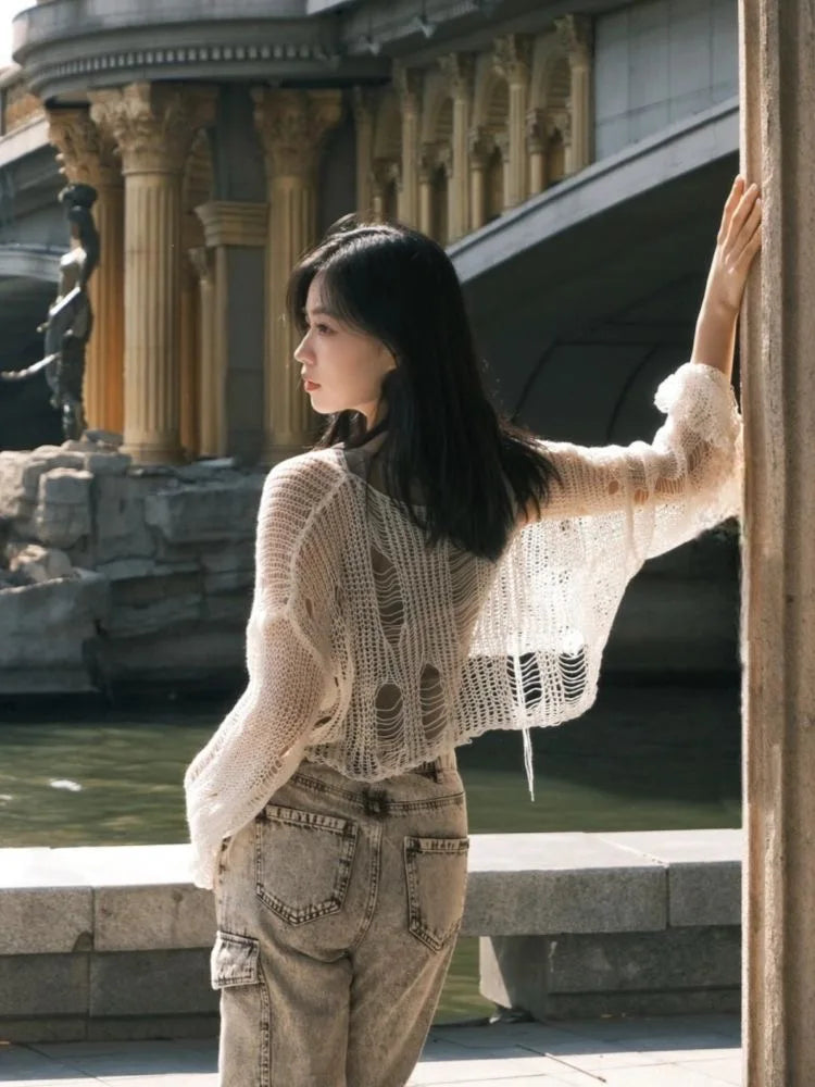 Y2K Hollow-Out Crop Sweater