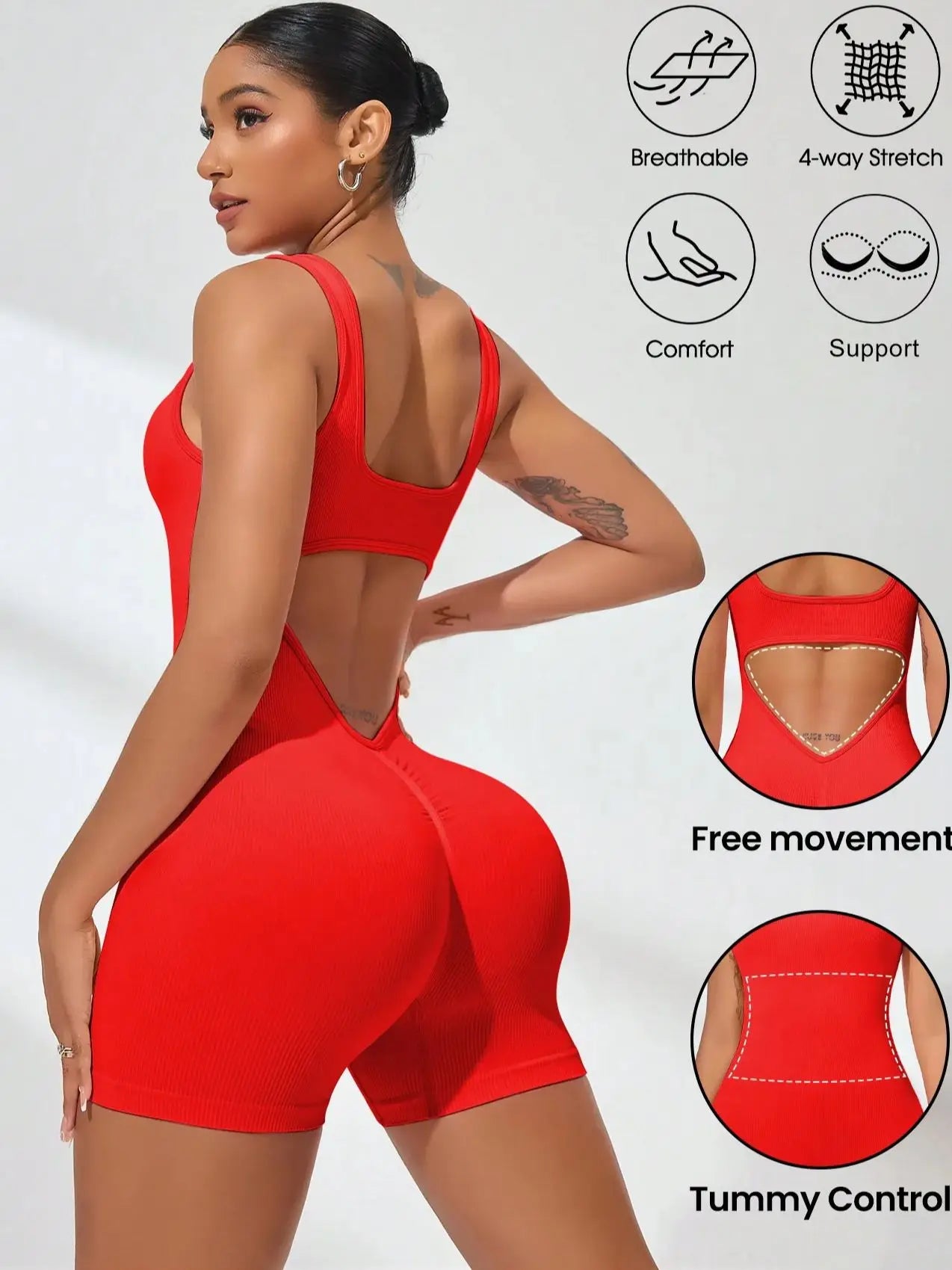 Sexy V Back Scrunch Sports Jumpsuit Women Gym Rompers Sleeveless Sportswear Bodysuits Women Casual One-Piece Suit Yoga Clothing