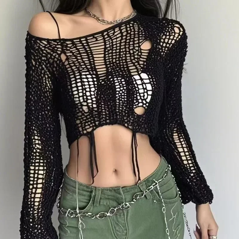 Y2K Hollow-Out Crop Sweater