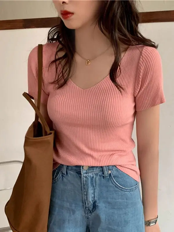 Slim Ribbed V-Neck Short-Sleeve Knit Top