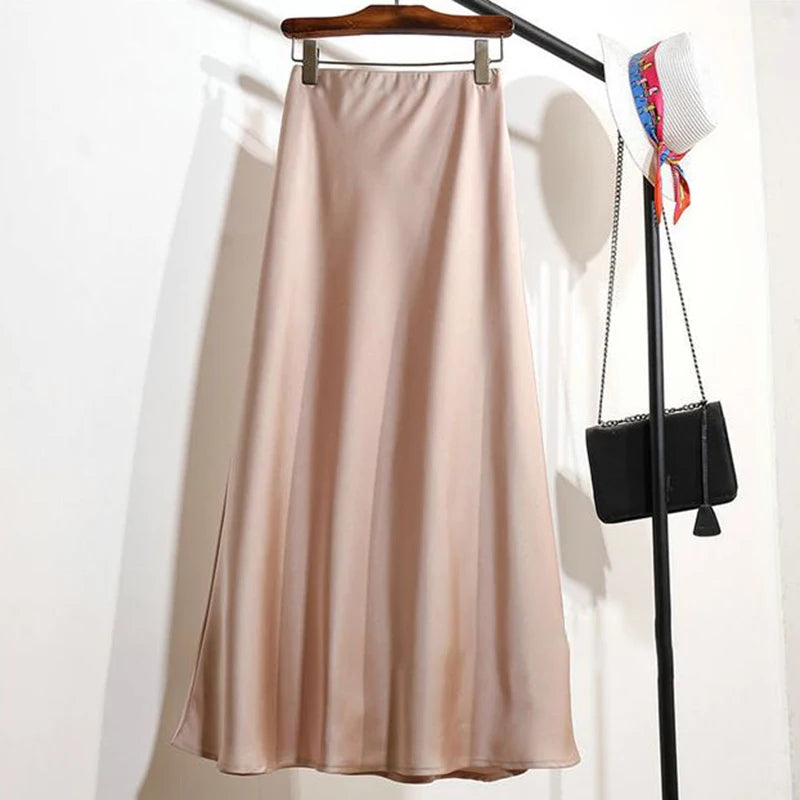 Summer Girls Solid Color Acetate Satin Skirts Lady Korean Slim Fit Thin Dress Female Classic High Waist Mid-Long Skirts