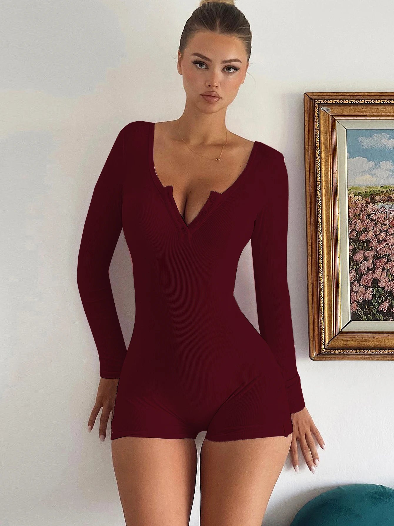 Ribbed Square Neck Button Bodycon Playsuit