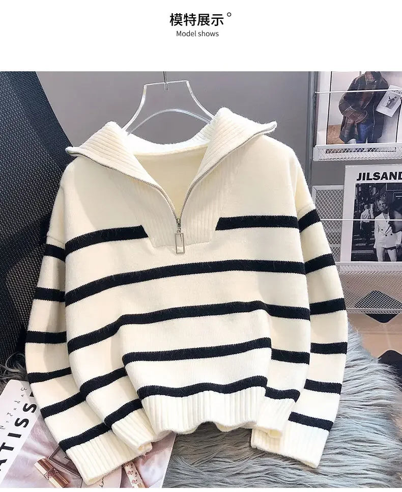 Striped Zip-Collar Knit Pullover
